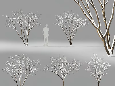 Multiple Snow Covered Trees In Winter Scene With Standing Human Figure 3d model