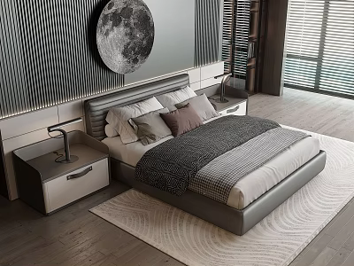 Modern Double Bed With Headboard Nightstand Pillows Comforter And Moon Wall Art 3d model