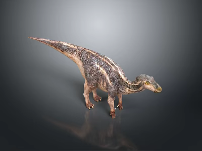 Dinosaur Model on Gray Background with Slender Body Long Tail Stripes Small Head Yellow Mouth 3d model