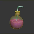 Refreshing Pink Beverage in Glass Bottle with Yellow Cap and Straw on Dark Surface