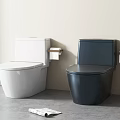 Modern White and Black Toilets Against Wall with Toilet Paper Holders and Newspaper on Floor