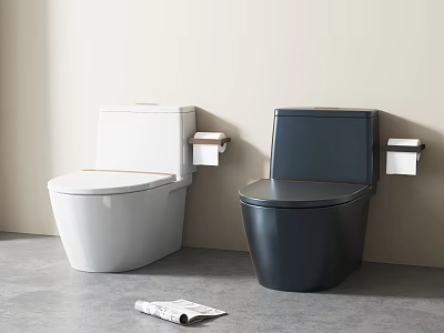 Modern White and Black Toilets Against Wall with Toilet Paper Holders and Newspaper on Floor 3d model