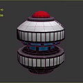 Futuristic Device With Silver Metallic Body Layered Structure Red Top Button And Blue Glowing Panels