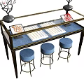 Elegant Glass Display Cabinet With Blue Countertop And Three Blue Stools For Display Items