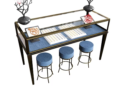 Elegant Glass Display Cabinet With Blue Countertop And Three Blue Stools For Display Items 3d model