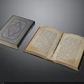 Intricately Carved Blue Book Cover With Sculptural Design And Open Vintage Pages