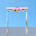 Outdoor Children's Swing With Pink Crossbar And Colorful Flags On Wooden Frames