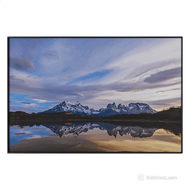 Landscape Painting With Snow Capped Mountains Lake Reflection And Golden Sunset Sky 3d model 