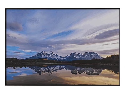 Landscape Painting With Snow Capped Mountains Lake Reflection And Golden Sunset Sky 3d model
