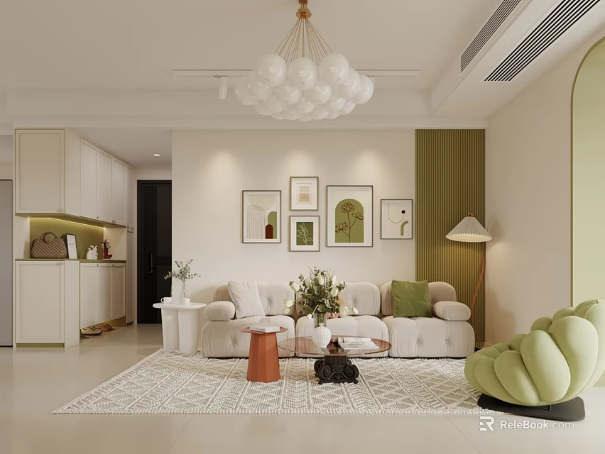 Modern Living and Dining Room Interior With Light Sofa Chandelier Decorative Paintings And Green Plants 3d model 