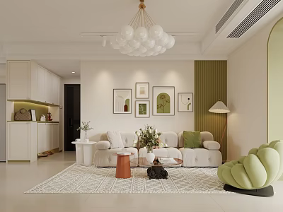 Modern Living and Dining Room Interior With Light Sofa Chandelier Decorative Paintings And Green Plants 3d model