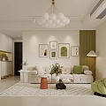 Modern Living and Dining Room Interior With Light Sofa Chandelier Decorative Paintings And Green Plants