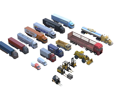 Various Types of Commercial Vehicles Including Trucks Vans Forklifts and Trailers 3d model