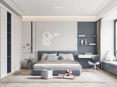 Modern Kids Room Interior Design With Astronaut Wall Decor Bed Shelves Desk Chair And Toys 3d model