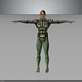 Red Haired Character in Green and Gray Suit With Yellow Accents Arms Outstretched Standing Pose