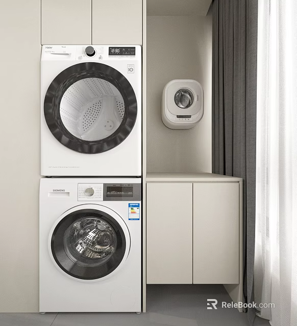 Stacked White Front Load Washing Machines With Wall Mounted Small Appliance And Cabinet 3d model 
