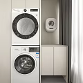 Stacked White Front Load Washing Machines With Wall Mounted Small Appliance And Cabinet
