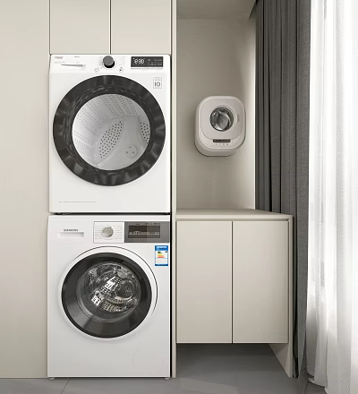 Stacked White Front Load Washing Machines With Wall Mounted Small Appliance And Cabinet 3d model