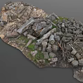Scattered Pile of Raw Wood Logs and Stones on Grassy Natural Ground