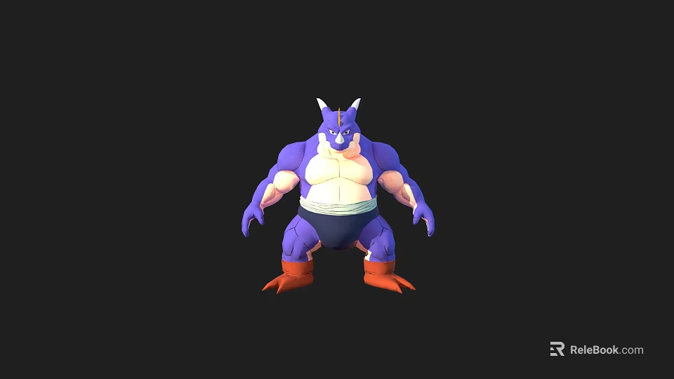 Muscular Purple Game and Movie Character With White Belly Horns And Orange Feet 3d model 