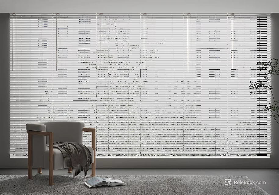White Window Blinds In Modern Interior With Gray Chair Blanket And Open Book 3d model 