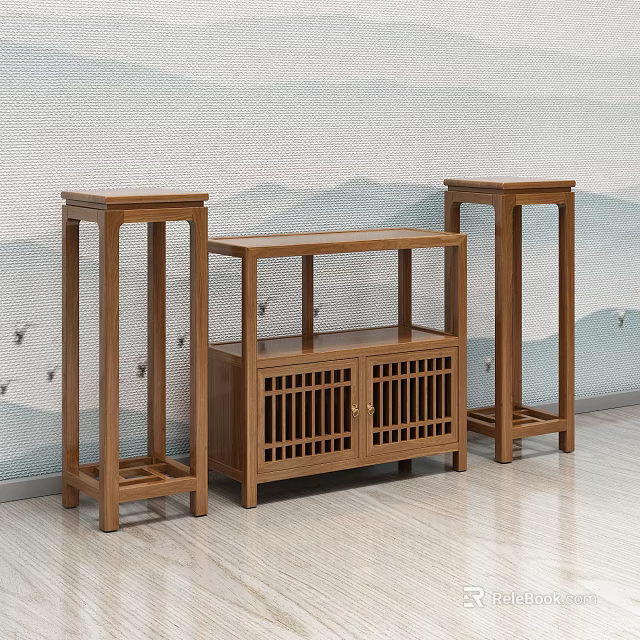 Wooden Oriental Style Cabinet With Side Pedestals And Wavy Pattern Wall 3d model 