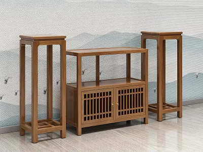 Wooden Oriental Style Cabinet With Side Pedestals And Wavy Pattern Wall 3d model