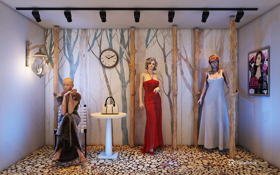 Shop Window Display With Mannequins In Dresses Tree Patterned Wall Clock Handbag And Pebble Floor 3d model 