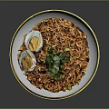 Tasty Instant Noodles In White Gold Rimmed Bowl With Chicken Slices And Fresh Coriander