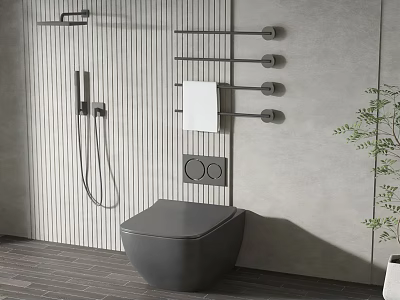 Modern Gray Toilet in Contemporary Bathroom with Shower Fixture Towel Rack and Potted Plant 3d model