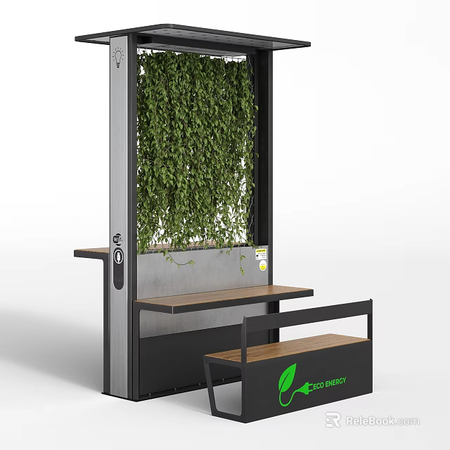 Modern Table And Chair Set With Green Plant Wall And Wooden Tabletop 3d model 