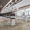 Modern Science Laboratory Interior Setup With Hanging Equipment White Tables And Chairs