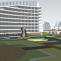 Coastal Commercial Street with Beachfront Area High Rise Buildings and Green Landscaping