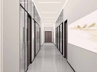 Modern Office Corridor with Glass Partition Doors Sleek Ceiling Lights and Minimalist Wall Art 3d model