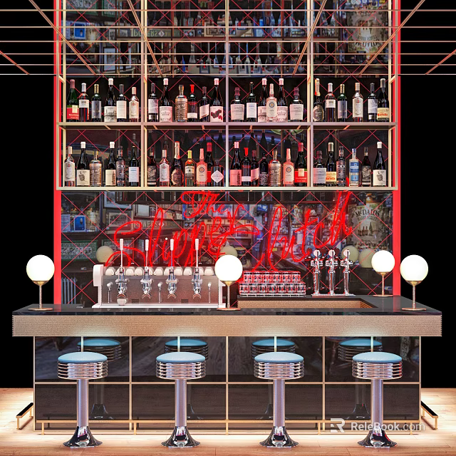 Stylish Bar Counter With Neon Sign Wine Bottles Rack Beer Taps And Stools 3d model 