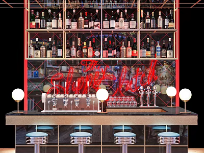 Stylish Bar Counter With Neon Sign Wine Bottles Rack Beer Taps And Stools 3d model