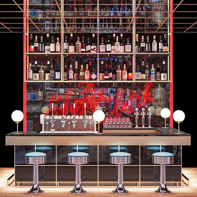 Stylish Bar Counter With Neon Sign Wine Bottles Rack Beer Taps And Stools 3d model