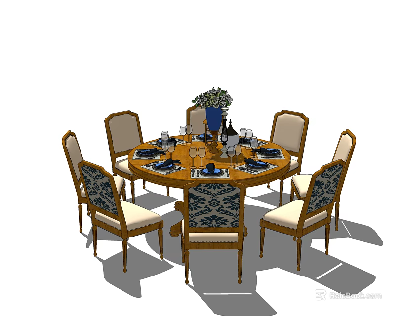 Round Dining Table Set with Six Upholstered Chairs and Floral Centerpiece Dinnerware Wine Glasses 3d model 