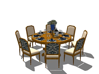 Round Dining Table Set with Six Upholstered Chairs and Floral Centerpiece Dinnerware Wine Glasses 3d model