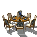Round Dining Table Set with Six Upholstered Chairs and Floral Centerpiece Dinnerware Wine Glasses
