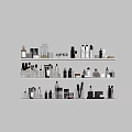 Perfume and Cosmetics Display with Various Colors Shapes Bottles and Makeup Tools on Shelves