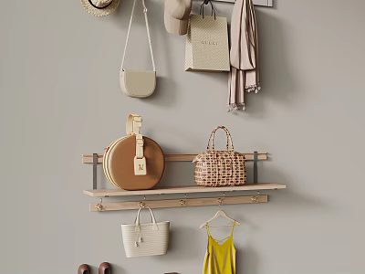 Stylish Fashion Accessories Wall Display With Hanging Bags Hats Scarf And Yellow Top 3d model