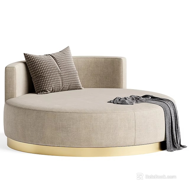 Beige Round Single Sofa With Gold Base Throw Pillows And Blanket 3d model