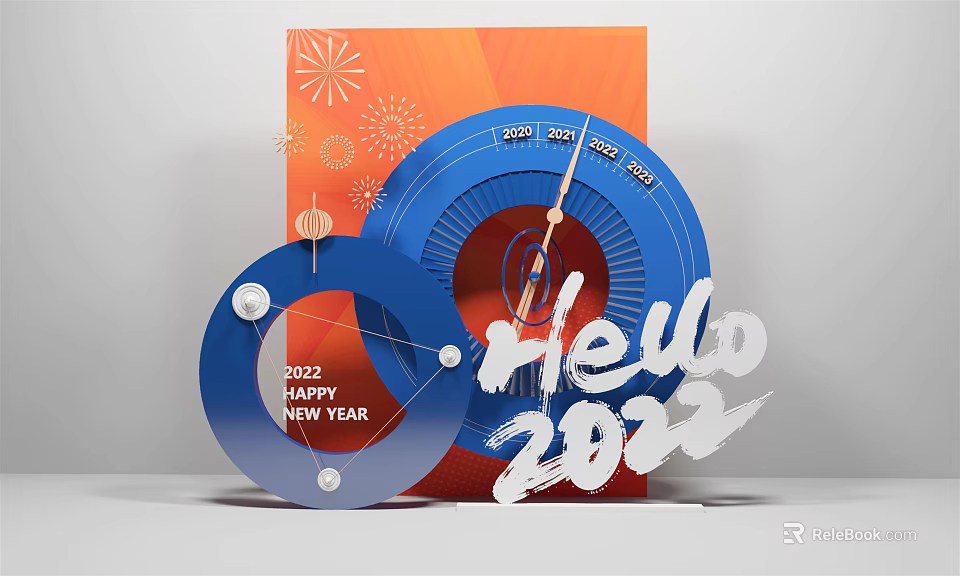 Happy New Year 2022 Design With Blue Circular Elements Red Background And Fireworks 3d model