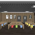 Spacious Bright School Classroom With Colorful Desks And Wooden Walls