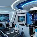 Modern Technical Control Room With Large Screens Workstations Staff And Blue Lighting 3d model