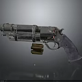 Silver Metallic Revolver With Cylinder Ammunition And Leather Grip On Dark Surface