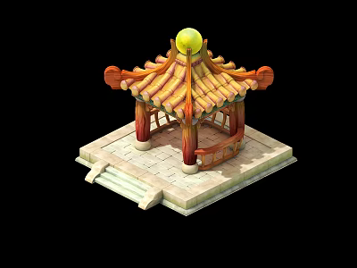 Ancient Chinese Pavilion With Yellow Tiled Roof Red Pillars Golden Sphere Stone Base And Steps 3d model
