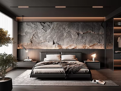 Modern Bedroom With Grey Stone Accent Wall Large Bed Nightstands With Lamps And Open Wardrobe 3d model