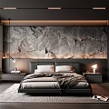 Modern Bedroom With Grey Stone Accent Wall Large Bed Nightstands With Lamps And Open Wardrobe